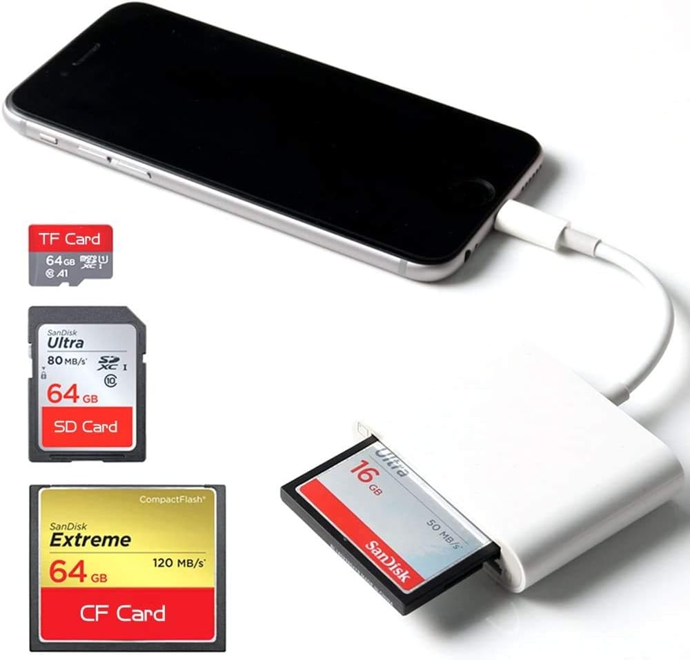 CF Card Reader, SD/TF/CF Card Adapter 3 in 1 Trail Game Camera Viewer for iPhone Xs/XS Max/XR/8/8 Plus/iPhone X /7 Plus /7/ 6s Plus/ 6 Plus/ipad Mini/air etc