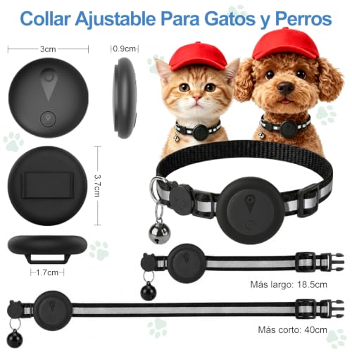 Collar GPS Gatos 2 en 1,Localizador GPS Perros con Seguimiento en Tiempo Real y Funciones Antipérdida,Sin Suscripción,iOS/Android,Collar Ajustable con Cascabel,Apto para Perros Pequeños y Gatos-Negro