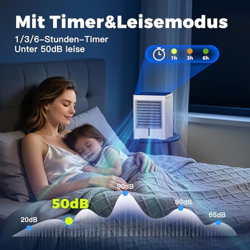3 in 1 Mobile Air Conditioner, USB Small Silent Air Cooler with Water 470ml, 3 Speed, Timer, Touch Screen, No Drain, Portable Mini Fan for Bedroom, Office, Home