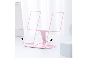 MSDADA Metal Book Stand for Desk, Adjustable Reading Rest Book Holder, Portable Cookbook Documents Holder, Sturdy Typing Stand for Recipes Textbooks Tablet Music Books with Page Clips (Macaron Pink)