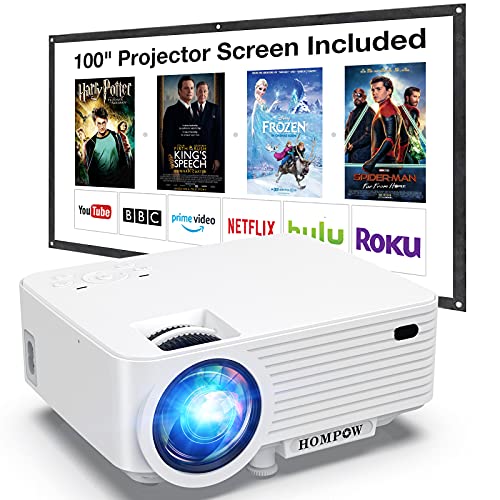 Projector, HOMPOW Mini Projector with screen, Portable Video Projector with 6500 Lux, 1080P Supported, 240" Display, Built-in Dual Speakers, Compatible with TV Stick, HDMI, VGA, USB, Laptop, PS4