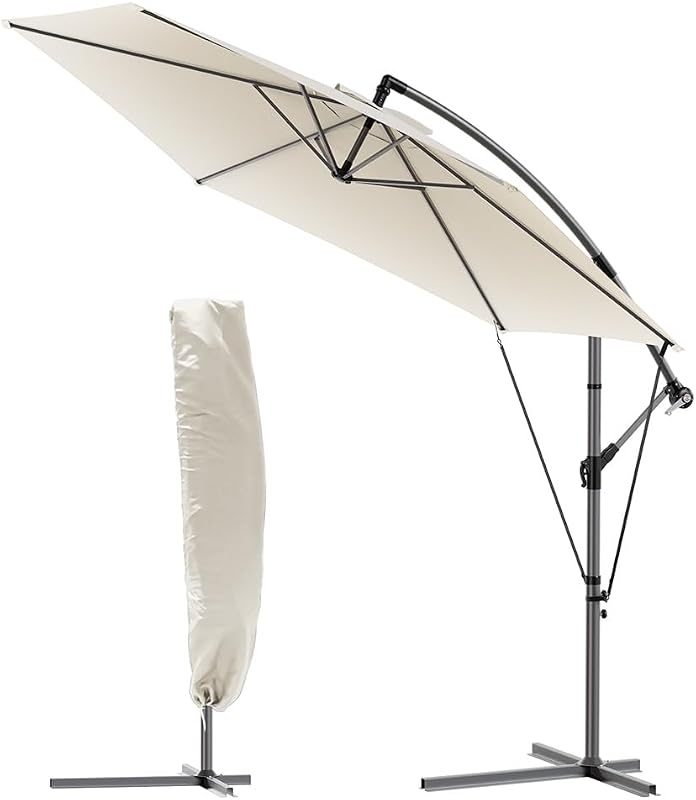 ® 300 cm Parasol Excentrico, Sombrilla de Jardín con Manivela, Funda Protectora y Correa de Fijación, Protección UV, Beige