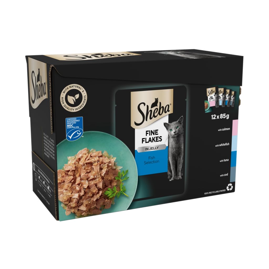 Sheba Fine Flakes in Jelly – Fish Collection – Wet cat food pouches for adult cats – 12x85g pack