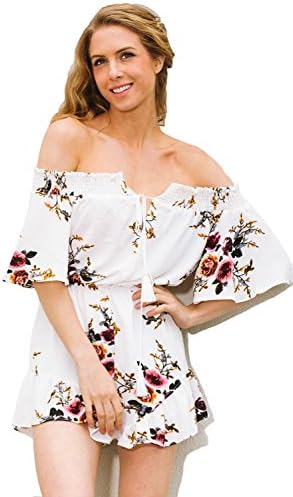 Boho Style Dress Women Off Shoulder Beach Summer Dresses Floral Print Vintage Chiffon White Mini Beach Dress (M)