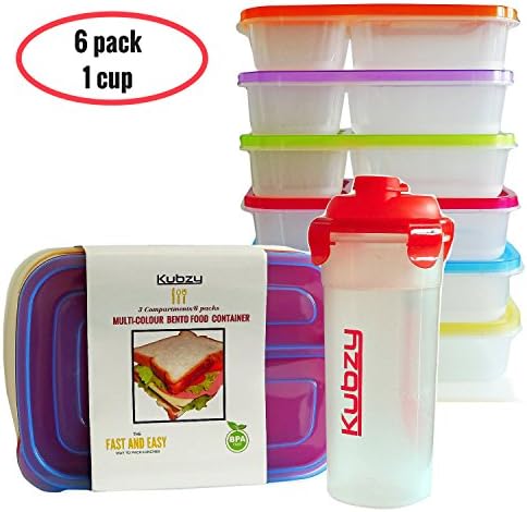 Kubzy 3 Compartment Bento Lunch Box Portion Control Meal Prep Food Storage Containers for Adults , Kids with FREE 500ml Drinking Cup with Lid - Reusable, Durable (Box with Red Cup)
