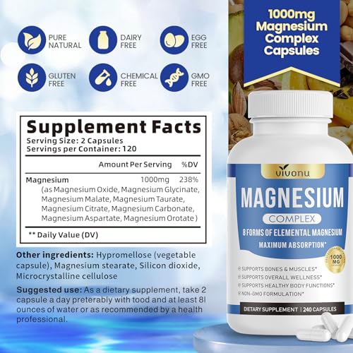 1000mg Magnesium Complex for Women and Men, Magnesium Glycinate, Citrate, Malate, Taurate, Oxide, Carbonate, Aspartate, Orotate, 8-in-1 Magnesium Supplement - Non GMO 240 Capsules
