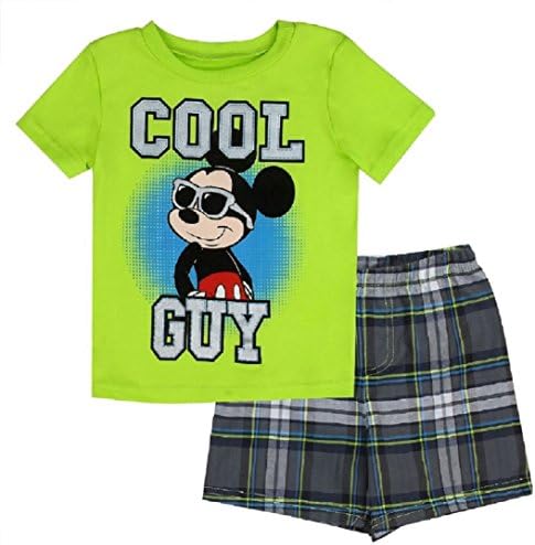 Disney Mickey Boys Baby Cool Guy Crew neck &amp; Plaid Shorts Set (12M, Lime Green)