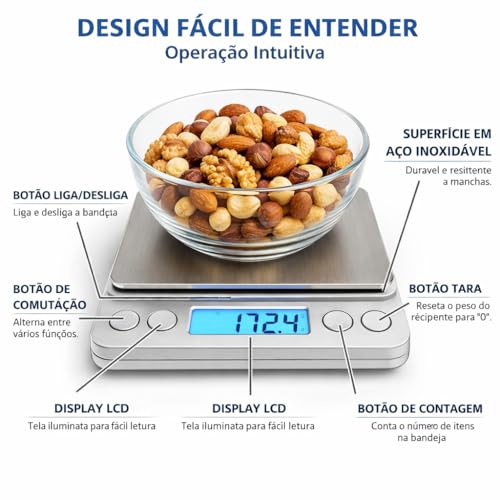 Balança Digital de Precisão 0,1g a 2kg para Cozinha e Jóias, Visor LCD Iluminado, 9 Unidades, Função Tara e Contagem de Peças, 2 Bandejas, Portáil Desligamento Automático