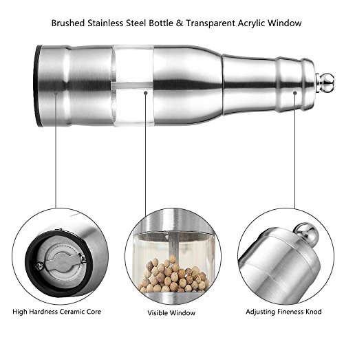 SUPOW Salt and Pepper Grinders - Stainless Steel Pepper Mills with Manual Adjustable Ceramic Grinders - Utility Shakers, Huge Capacity, Ergonomic Design