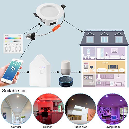 Wireless Bluetooth 5W 3.8Inch LED Recessed Downlights RGBWC 5 in 1 Spotlight Spot Dimmable AC 100-240V Smart Ceiling Lights with Touchscreen Smart Switch, BT Mesh Smart Bridge, Set of 10