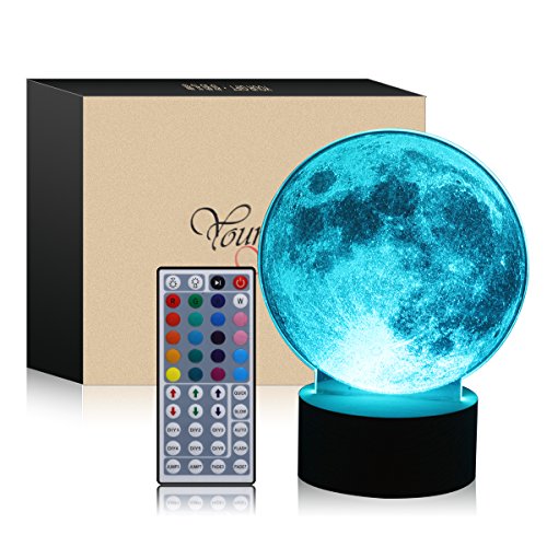 3D Led Night Light Remote Control Table Desk Lamps,Elstey 20 Color Changing Optical Illusions Lamp Acrylic Panel & Wooden Base Light for Holiday Gifts (Moon)