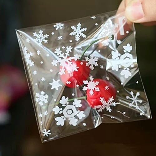 Pack of 100 Snowflake Clear Cookie Bag Self-Adhesive Plastic Cellophane Party Bags for Candy Biscuits (7* 7 cm)