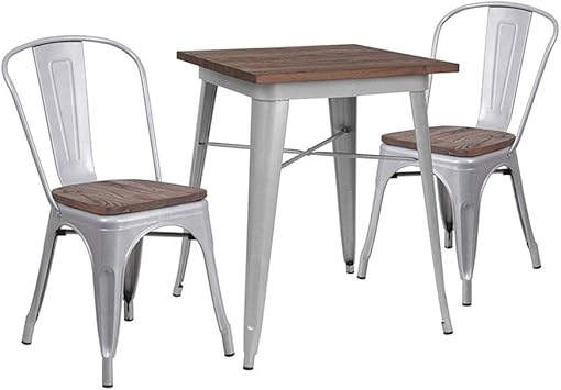 Wood Top and 2 Stack Chairs, Silver 