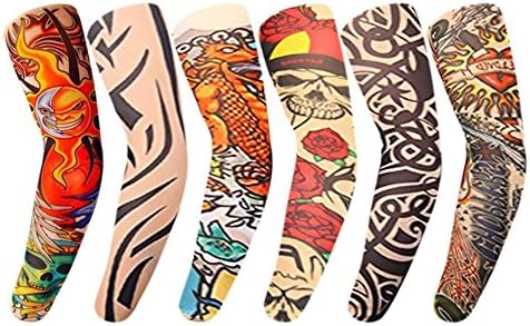 6Pcs Nylon Elastic Temporary Tattoo Sleeve Body Arm Stockings UV Protection Tattoo Arm Sleeves for Men Tattoo Sleeves Cover up Unisex Stretchable Cosplay Costume Accessories (Multicolor)
