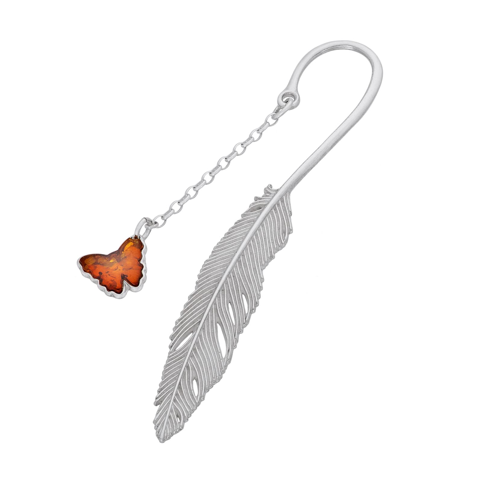 AMBEDORA Tiny, Delicate Bookmark with Amber, Polished Sterling Silver, Carved Baltic Amber Butterfly in Cognac Colour, Silver Small Butterfly Bookmark L. 8.2 cm