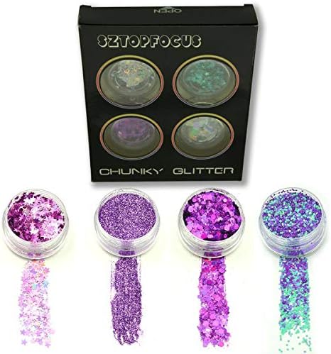 Unicorn Chunky Glitter Beauty Festival Glitter Cosmetic Face Body Hair Nails Eyeshadow Holographic Glitter Tattoo Kit (Purple)