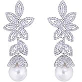 CWWZircons Cubic Zirconia Pearl Drop Earrings, Luxury Leaf Shape Long Dangle Wedding Earrings for Women, Clear Crystal Bridal Statement Jewelry