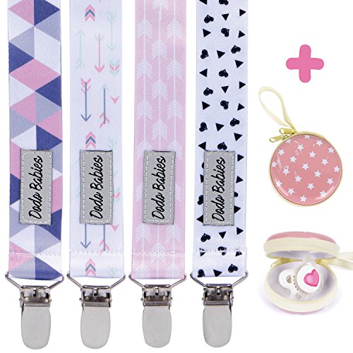 Pacifier Clip by Dodo Babies Pack of 4 + Pacifier Case, Premium Quality For Girls Modern Designs Universal Holder Leash for Pacifiers, Teething Toy or Soothie, Baby Shower Gift Set - Thumbnail 7