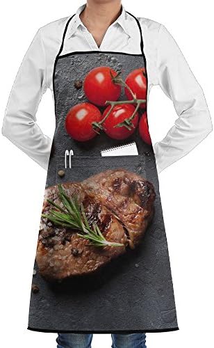 SmallTing Grilled Sliced Beef Steak And Tomatoes On Stone Table Top View Canvas Waiter Black One Size Apron With Pockets Adjustable