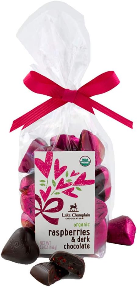 Lake Champlain Organic Raspberries & Dark Chocolate Hearts Gift Bag, 20 Pieces, 5.9 Ounces