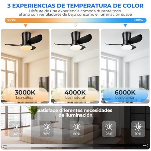 Ventilador De Techo Modernos De 26 Pulgadas, Ventilador De Techo Con Luz Led Y Control Remoto, Lampara Ventilador Silencioso De 3 Aspas Para Interior/exterior Con 3cct 6 Velocidades (Negro)