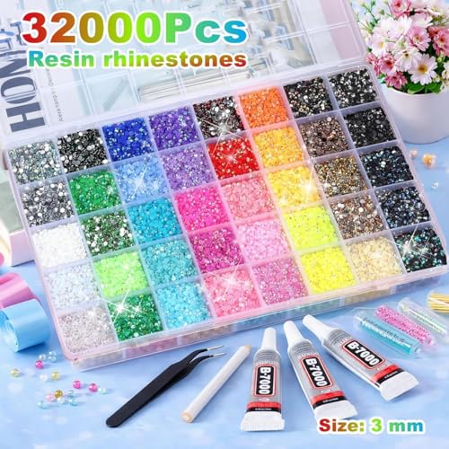 32000Pcs Resin Jelly Rhinestones for Bedazzling, Multicolor 3mm Flatback Gems for Diamond Art, Bedazzler Kit with 3Pcs 10ml B7000 Jewelry Glue for Nail Art Crafting Book Makeup (3mm · 32000PCS)