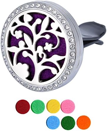 Stainless Steel Aromatherapy Essential Oil Diffuser Locket Clip Premium Car Air Freshener Aromatherapy with 7 Color Refill Pads (Tree of life)