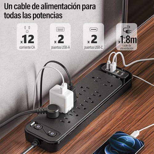 KIROGILY Multicontacto Regleta 16 en 1, con Extension Electrica Protector Supresor de Picos Voltaje, 1,8 M, 12 Salidas y 4 USB (2 USB-C), Sleek Socket, Perfecto para Hogar y Oficina
