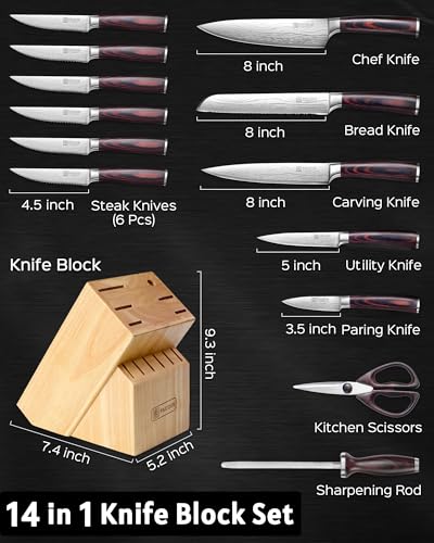 PAUDIN 14 piezas Conjunto de cuchillo de cocina con bloque, conjunto de cuchillo de cocinero afilado de acero inoxidable alemán de alto carbono con mango ergonómico Pakkawood