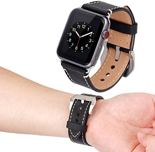 Apple Watch Band, Cowhide Genuine Leather iwatch Replacement Strap for Apple Watch Band 42mm Series 3 Series 2 Series 1 Smart Watch Band Sport Edition Black