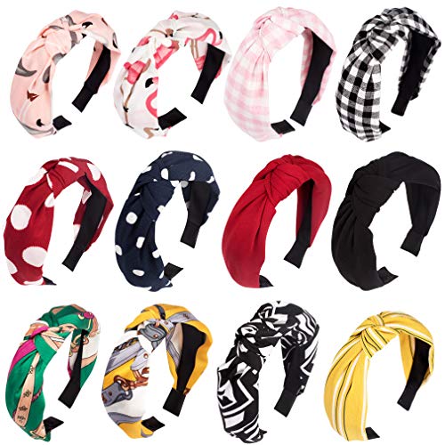 Cubaco 12 Pack Wire knotted Headband Knot Turban Headband Bowknot Bows Wide Headwrap Head Band Elastic Hair Accessories for Women (12 Color Flower)