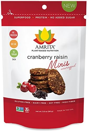 Amrita Protein Mini Bars just 61 Cals per High Protein Mini Bar, Gluten Soy and Dairy-Free, Non-GMO Certified Vegan and Raw, 3 Pouch Pack, 6 Mini Bars Each (Cranberry Raisin)