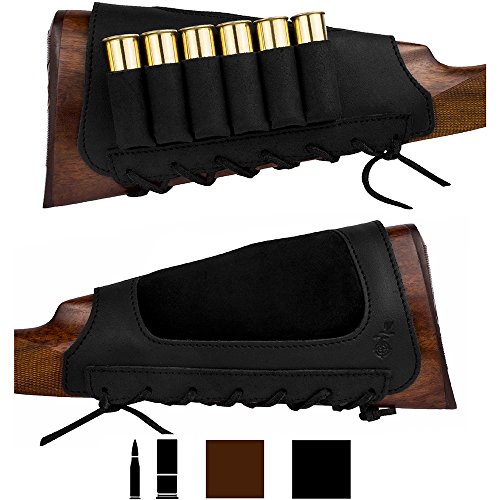 BronzeDog Leather Cartidge Buttstock Shotgun Shell Holder, Hunting Buttstock Ammo Holder Pouch Bag for Rifles, Shotgun Shell Pouch Shell Holder Stock 7.62 cal (Black)