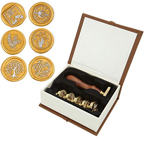 Wax Seal Stamp Set, Mornajina Botanical and Moon Series Sealing Stamp, 6PCS Vintage Brass Stamp Heads + 1Pcs Wooden Handle Kit for Wedding Invitation