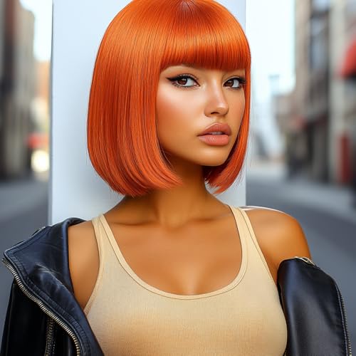 FASHION IDOL Bob Human Hair Wig with Bangs for Black Women Short Straight Hair 8 Inch Orange Glueless Machine Made Short Bob Wigs