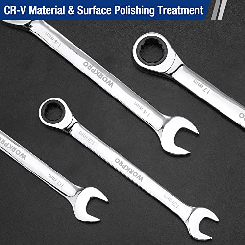 WORKPRO 7-Piece Ratcheting Combination Wrench Set, 72 Teeth, CR-V Combo Ratchet Wrenches Set with Roll Up Pouch, Metric 8mm-17mm