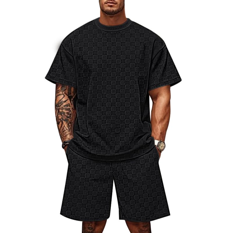 Photo 1 of TAFLE Mens Short Sets 2 Piece Outfits Summer Casual Geometric Texture Short Sleeve Shirt and Shorts Track Suits for Men Set