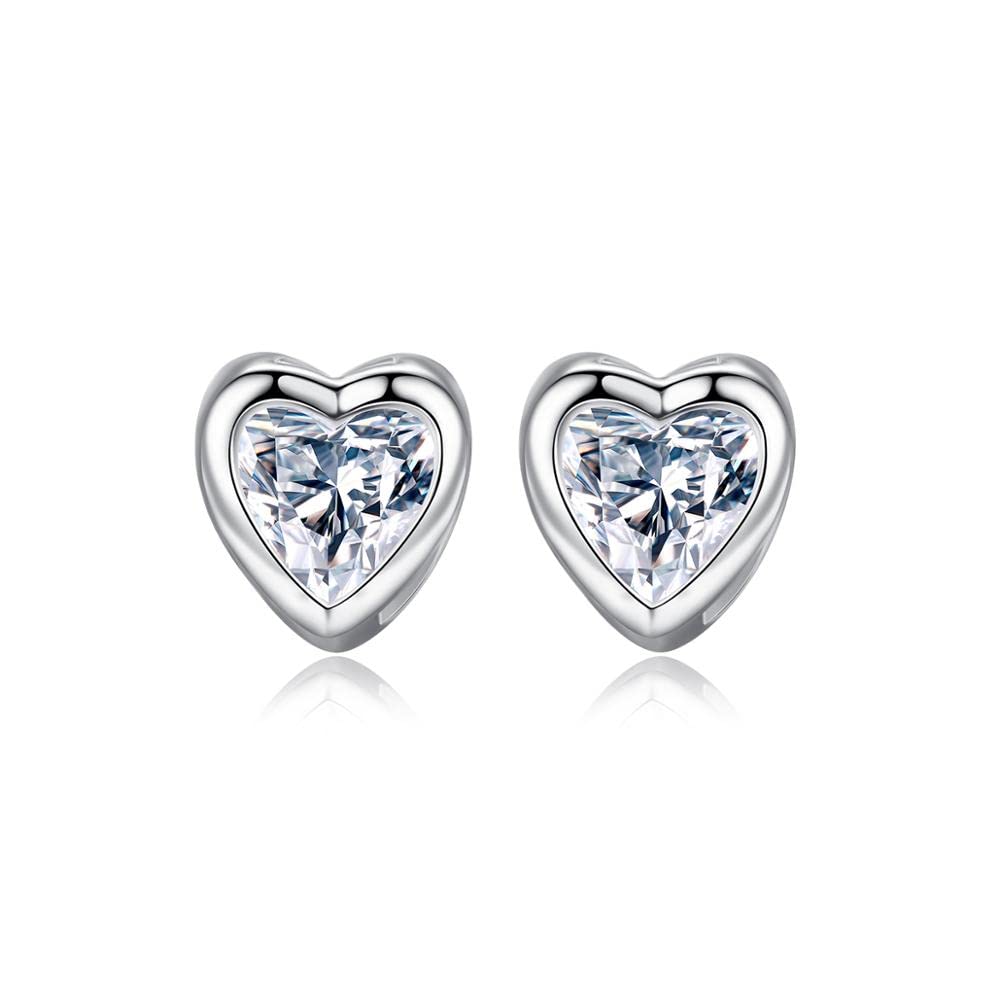 Heart Shaped Cubic Zirconia Stud Earrings - 925 Sterling Trendy Silver Studs - Minimalist CZ Stone Heart Fashion Earrings for Women