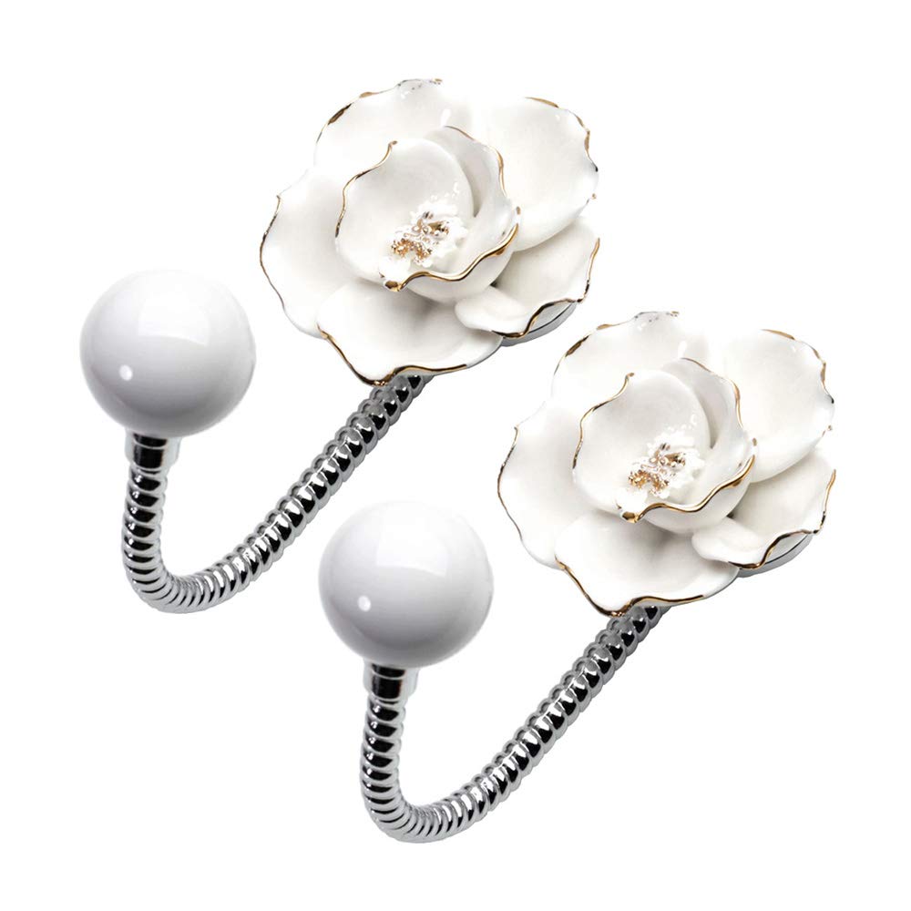 2Pcs White Ceramic Coat Hook Set, Beautiful Handmade Flower Decorative Robe & Towel Hooks (Gold-Plated Edge Design), Chrome Metal Wall Hook for Bedroom Bathroom and Shower (Camellia White)