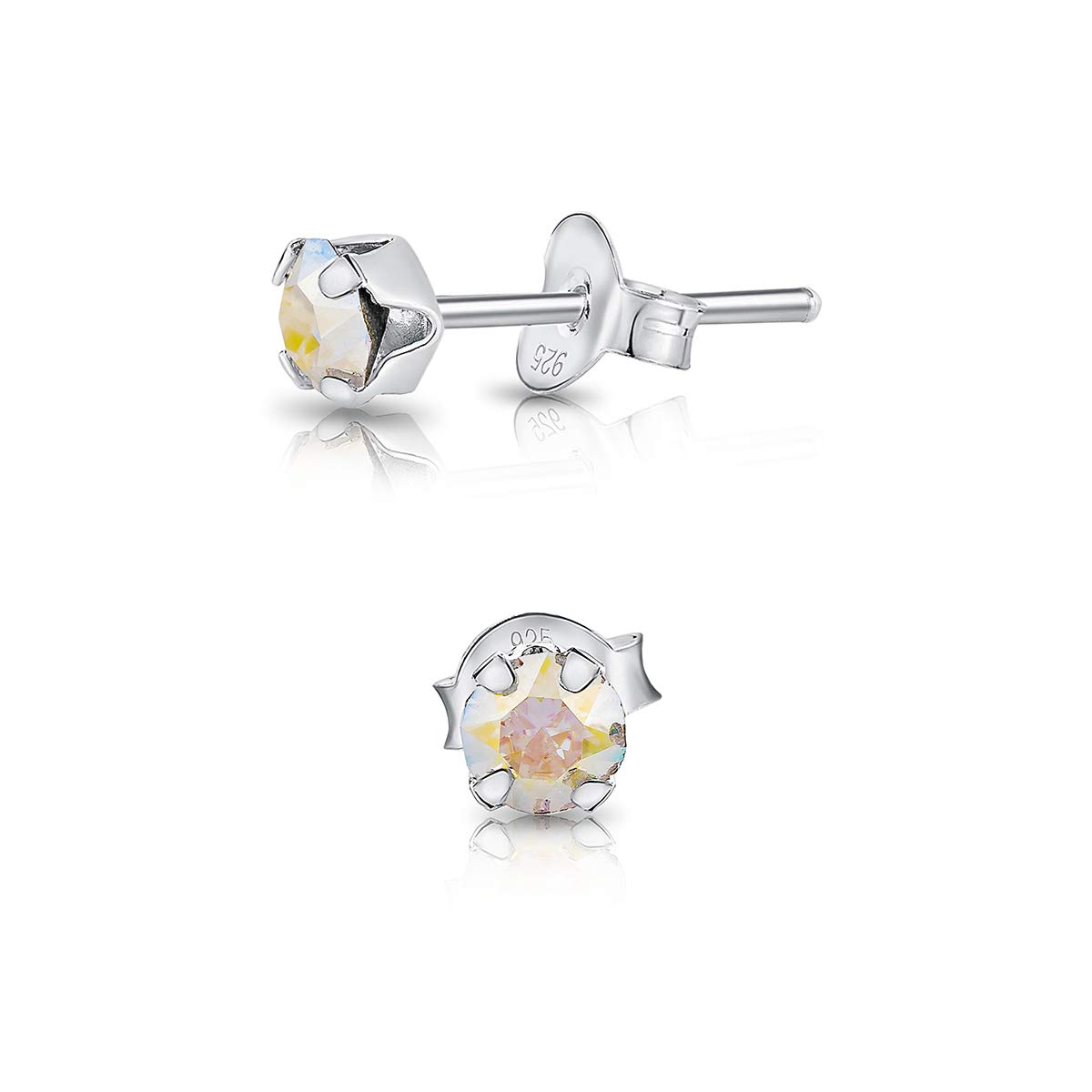 925 Sterling Silver Round SMALL Stud Earrings made with Glittering Crystals - Small Silver Studs Earrings for Woman - Diameter: 4 mm - Colour : Aurora Borealis