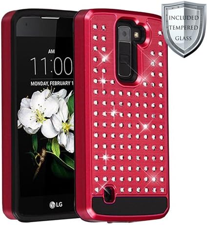 LG Treasure / LG Phoenix 2 Case, Casey [Full Star] [Diamante] [Studded Rhinestone] Dual Layer Hard Poly-carbonate TPU Protective Back Cover [Tempered Glass Screen Protector Included] (Red)