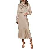 Pink Queen Women's Elegant Long Sleeve Satin Dress Mock Neck Elastic Waist Cocktail Party Wedding Guest Midi Dresses