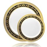 Posh Setting Royal Collection Combo Pack China Look White, Gold/Black Plastic Plates,(Includes 8 Packs of 10 Plates, 40 10.25'' Dinner Plates and 40 7.25'' Salad Plates), Fancy Disposable Dinnerware