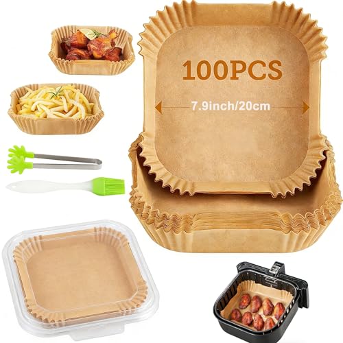 100 Pcs Air Fryer Papers Disposable, Air Fryer Liners, Oil-proof, Water-proof, Unbleached Parchment Paper for Air Fryer, Baking, Roasting, 7.9inch/20cm,Square