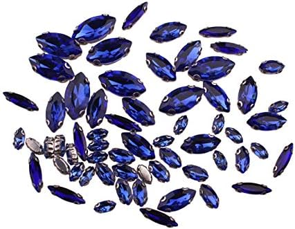 ZIJING 70pcs Mixed Size Silver Brass Metal Setting Roal Blue Navette Horse Eye Facets Sew On Crystal Rhinestones Gems Beads with 4 Holes for Sew On (Roral Blue)