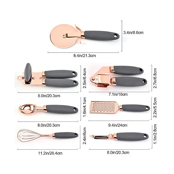 7 Pc Kitchen Tools and Gadgets Copper Coated Stainless Steel, Peeler, Stainless Steel Can Opener, Ice Cream Spoon, Pizza Cutter, Melon Paner, with Soft Touch Grey Handles