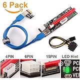 Ubit 6 Pack Latest PCI-E Riser Express Cable 16X TO 1X (6pin / MOLEX / SATA) With Led Graphics Extension Ethereum ETH Mining Powered Riser Adapter Card+60cm USB 3.0 Cable