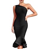 whoinshop Women's One Shoulder Mermaid Bodycon Dress Celebrity Midi Party Club Bandage Dress