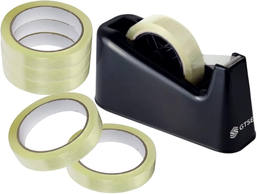 GTSE Tape Dispenser and 6 Pack Clear Tape Bundle with Weighted Base