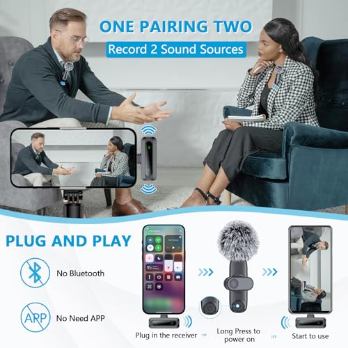 Mini Microphone for iPhone, iPad, Android Phone, 2 Pack Wireless Lavalier Microphone with Noise Reduction, Plug-Play Wireless Mic for Video Recording, Interview, YouTube, TikTok